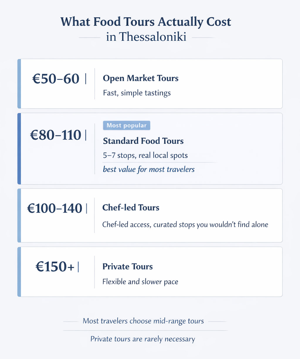 Thessaloniki food tour price comparison by type and experience level