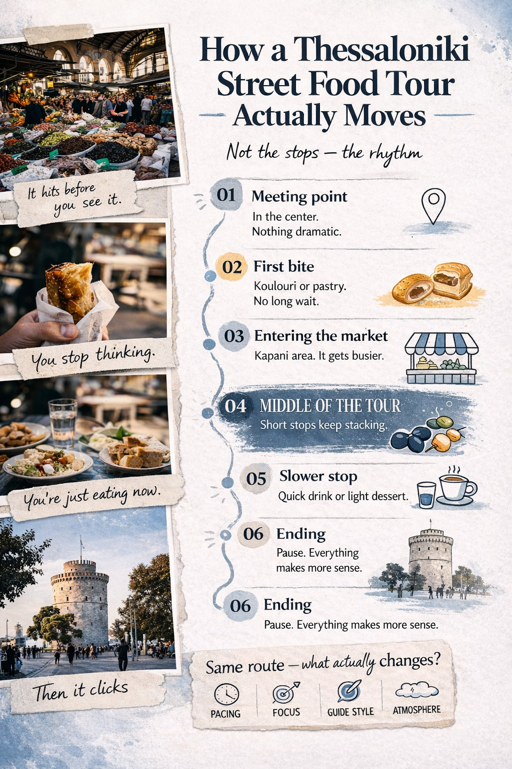 Thessaloniki street food tour flow showing how the experience moves from meeting point to market tastings and final stop