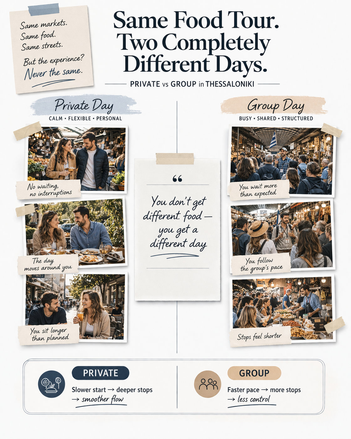 alt="private vs group food tour Thessaloniki infographic showing differences in pacing, control, and experience"