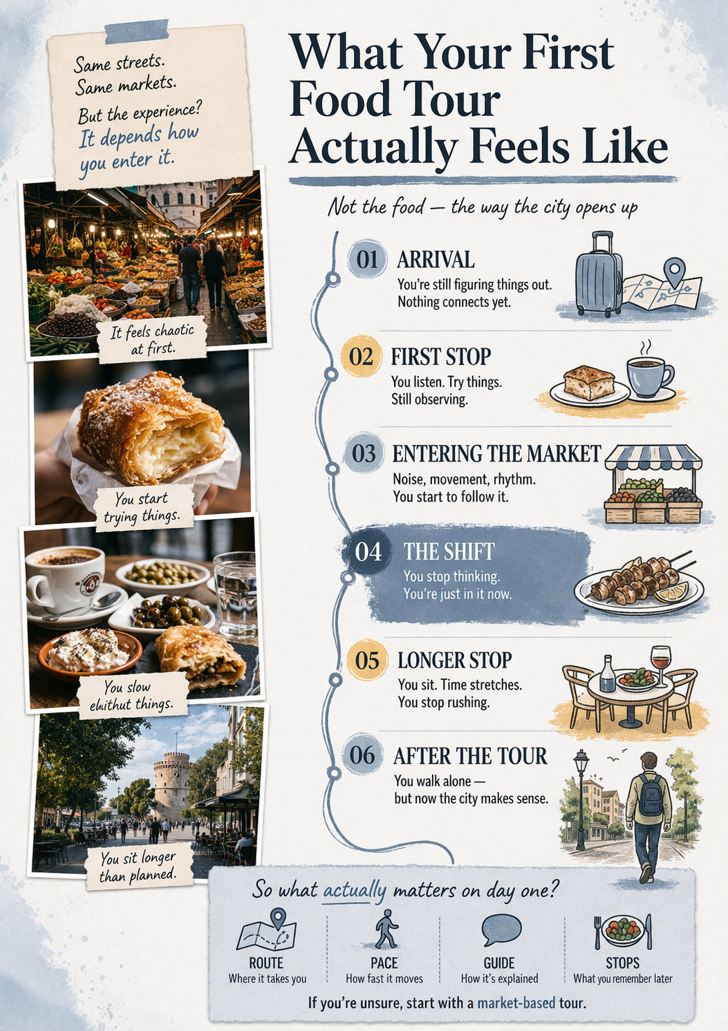 Step-by-step infographic showing what a first food tour in Thessaloniki feels like, including market entry, street food stops, and how the city becomes easier to understand