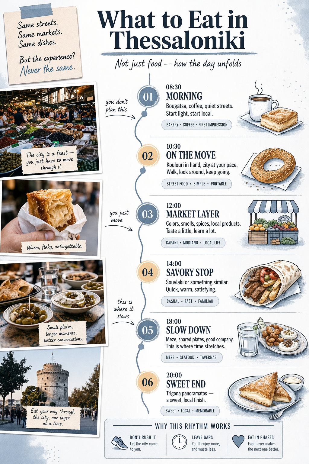 What to eat in Thessaloniki infographic showing daily food flow: bougatsa breakfast, koulouri street food, market stops, souvlaki, meze, and trigona dessert